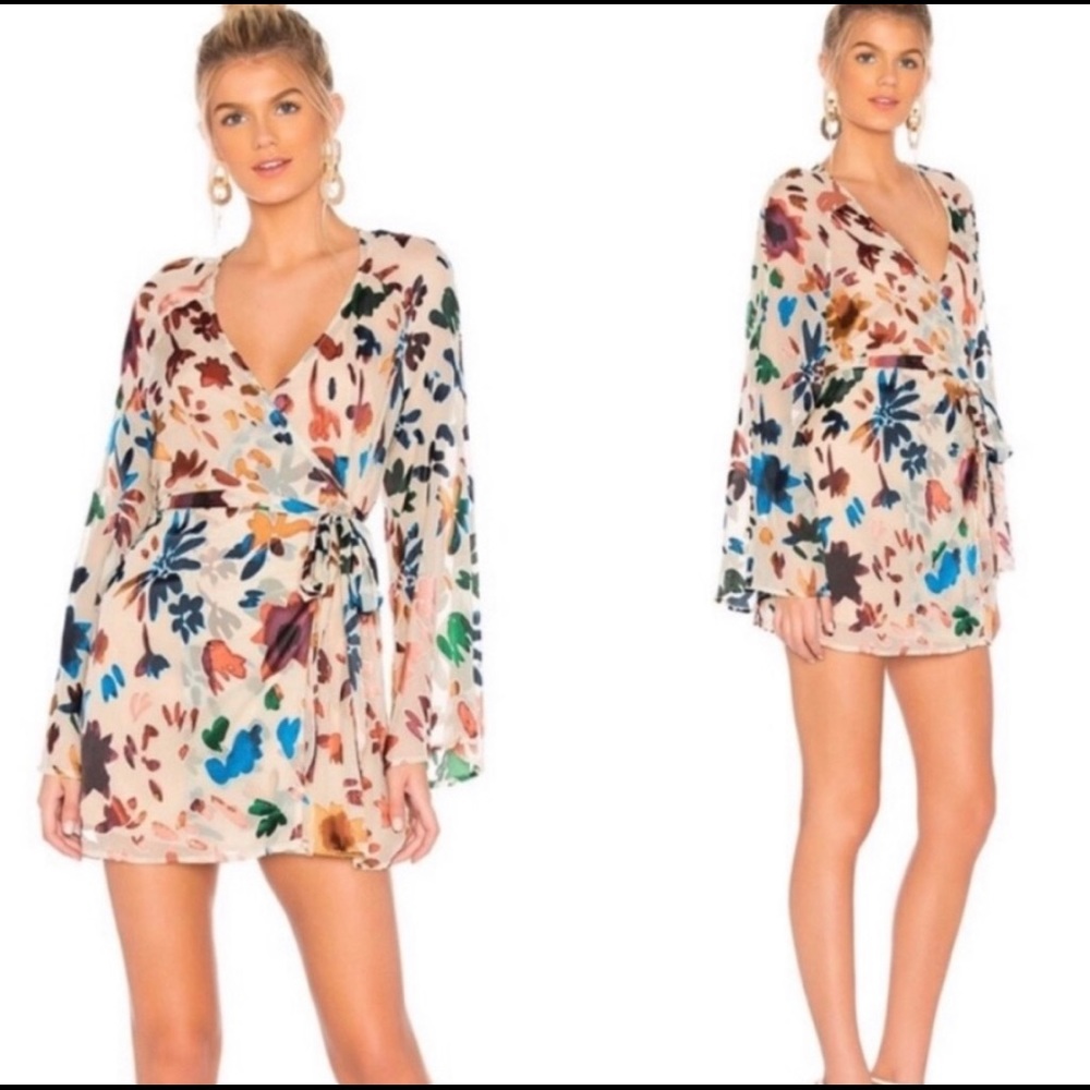 Revolve Sheer Watercolor Floral Long Sleeve Dress